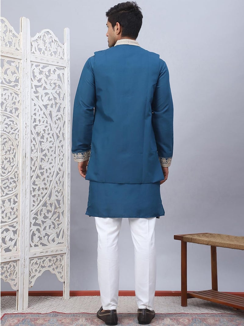 Jompers Men's Embroidered Waistcoat and Kurta Pyjama Set in Blue - Image 2