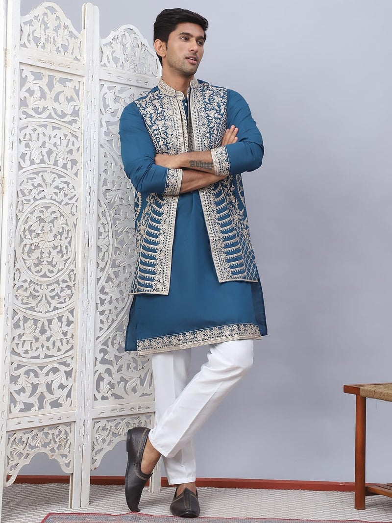 Jompers Men's Embroidered Waistcoat and Kurta Pyjama Set in Blue - Image 4