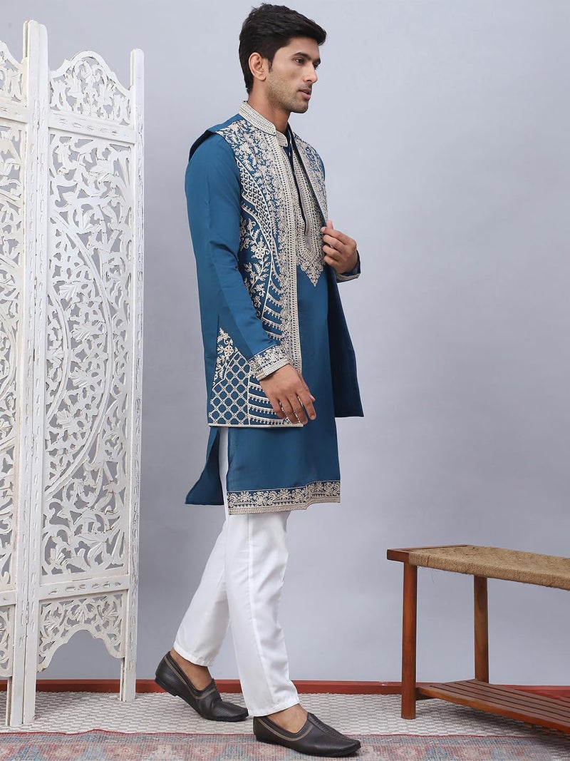 Jompers Men's Embroidered Waistcoat and Kurta Pyjama Set in Blue - Image 3