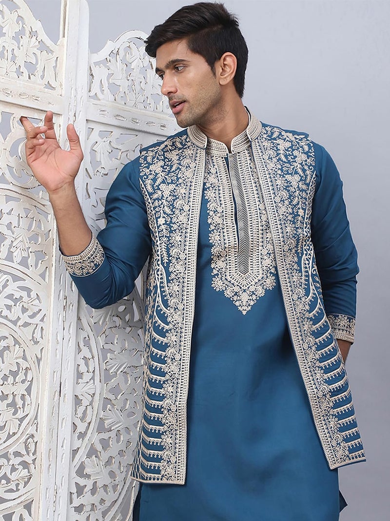 Jompers Men's Embroidered Waistcoat and Kurta Pyjama Set in Blue - Image 5