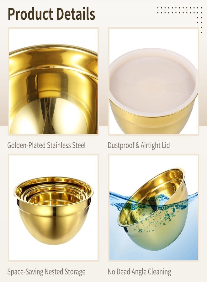 DORMIYA 5 PCS Golden Mixing Bowls, Stainless Steel Salad Bowls with Airtight Lids, Mirror Finish Nested Mixing Bowl Set with Mesh Strainer, 4 Bowl Sizes for Baking, Meal Prep, Food Serving - Image 4