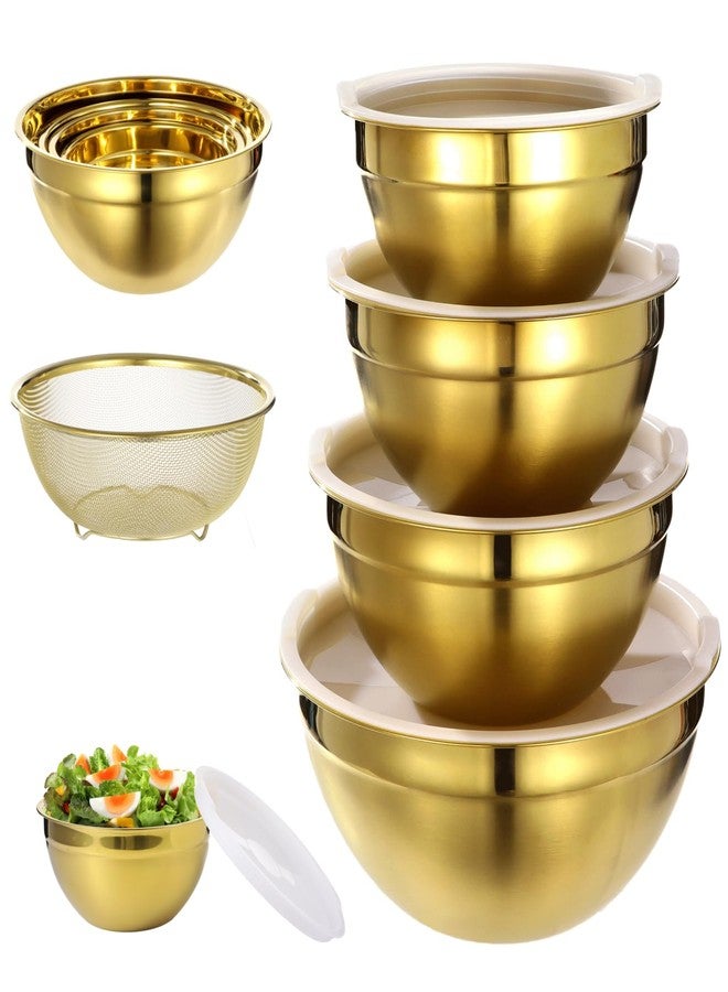 DORMIYA 5 PCS Golden Mixing Bowls, Stainless Steel Salad Bowls with Airtight Lids, Mirror Finish Nested Mixing Bowl Set with Mesh Strainer, 4 Bowl Sizes for Baking, Meal Prep, Food Serving - Image 2