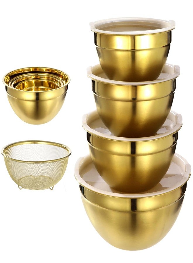DORMIYA 5 PCS Golden Mixing Bowls, Stainless Steel Salad Bowls with Airtight Lids, Mirror Finish Nested Mixing Bowl Set with Mesh Strainer, 4 Bowl Sizes for Baking, Meal Prep, Food Serving - Image 1