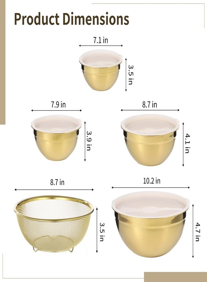 DORMIYA 5 PCS Golden Mixing Bowls, Stainless Steel Salad Bowls with Airtight Lids, Mirror Finish Nested Mixing Bowl Set with Mesh Strainer, 4 Bowl Sizes for Baking, Meal Prep, Food Serving - Image 5