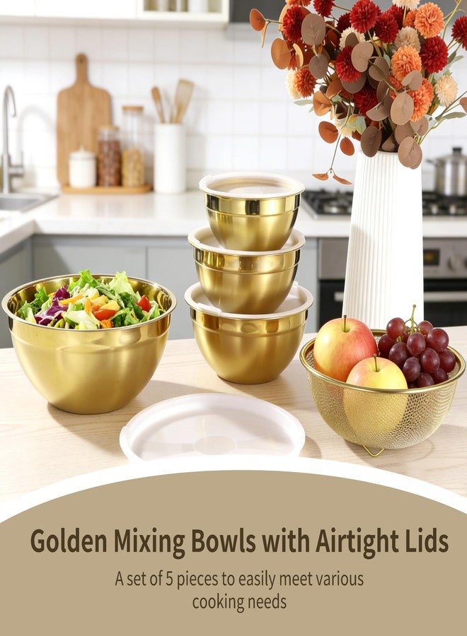 DORMIYA 5 PCS Golden Mixing Bowls, Stainless Steel Salad Bowls with Airtight Lids, Mirror Finish Nested Mixing Bowl Set with Mesh Strainer, 4 Bowl Sizes for Baking, Meal Prep, Food Serving - Image 3