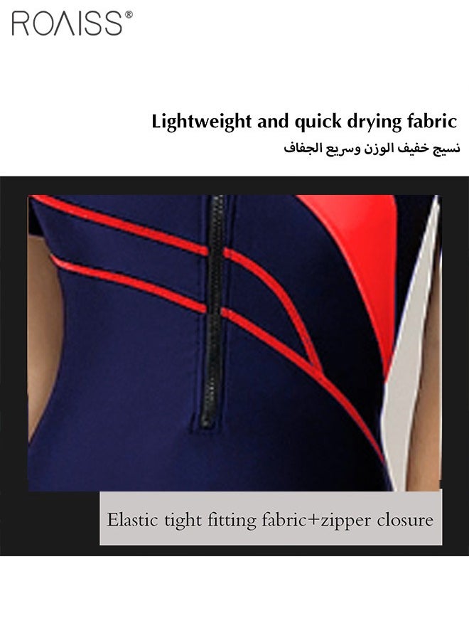 roaiss - Women'S One Piece Conservative Swimsuit Fashionable Tight Fitting High Elastic Swimwear Knee Length Zipper Closure Racing Swimsuit - Image 1