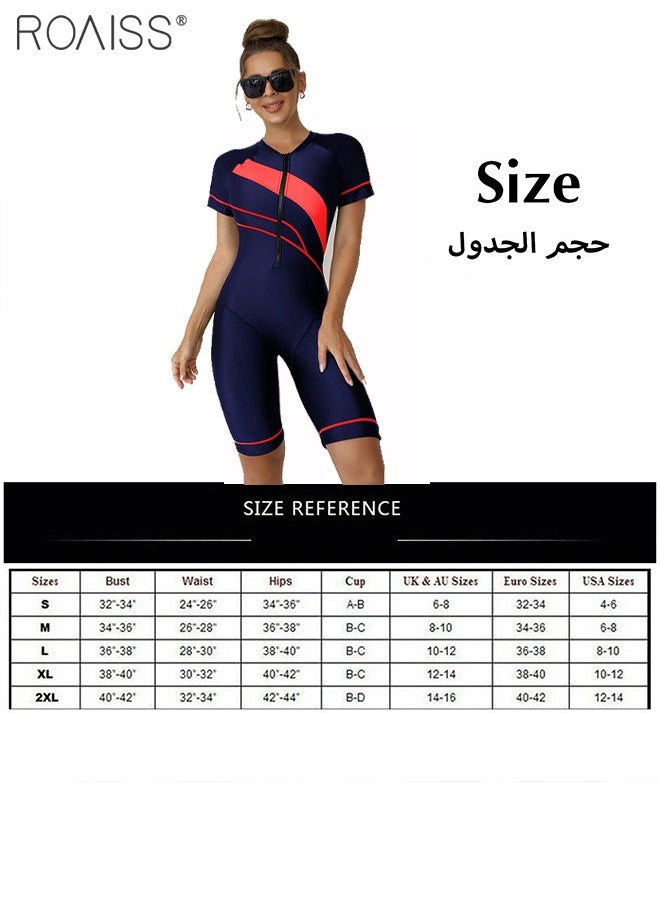 roaiss - Women'S One Piece Conservative Swimsuit Fashionable Tight Fitting High Elastic Swimwear Knee Length Zipper Closure Racing Swimsuit - Image 1