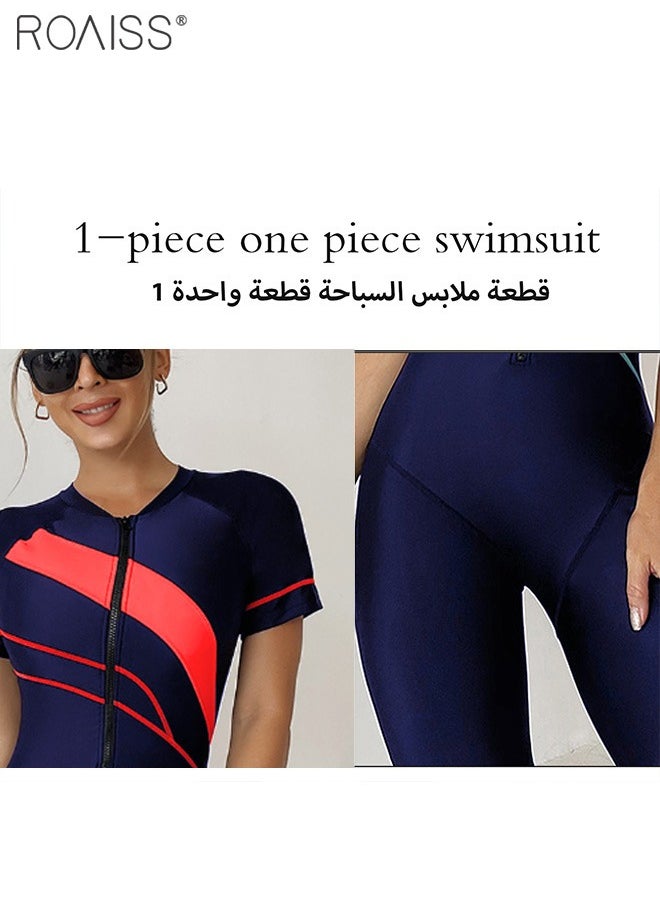 roaiss - Women'S One Piece Conservative Swimsuit Fashionable Tight Fitting High Elastic Swimwear Knee Length Zipper Closure Racing Swimsuit - Image 1