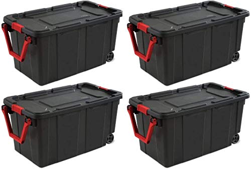Sterilite Sterilite 14699002 40 Gallon151 Liter Wheeled Industrial Tote Black Lid  Base wRacer Red Handle  Latches 4Pack 