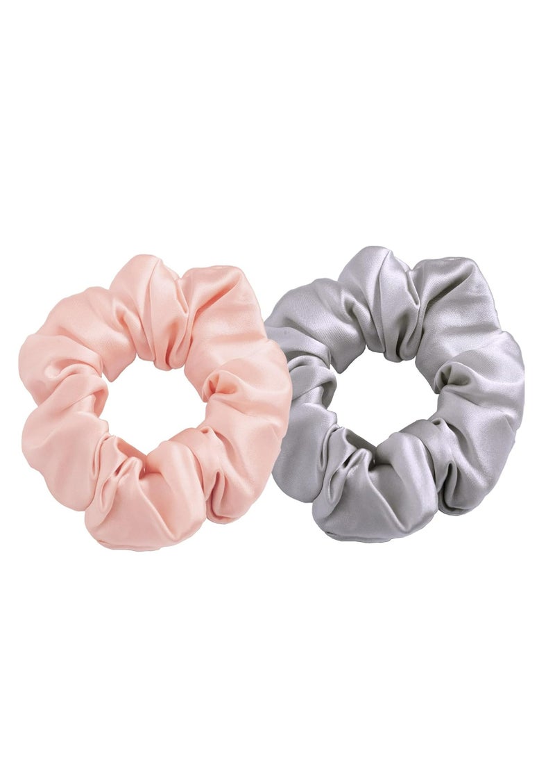 Loquat Pure Mulberry Silk Scrunchies - 2 Pack (Pink  Grey) for All Hair Types, Ideal for Sleep - Image 1