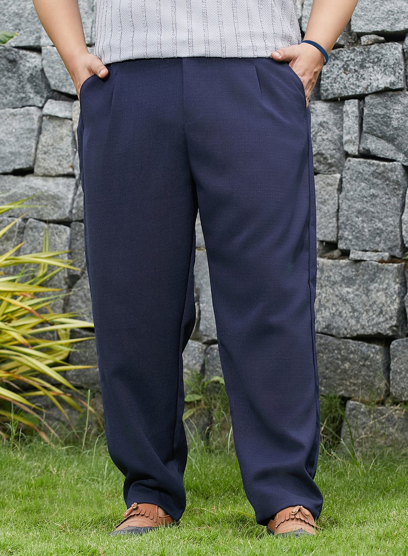 Instafab Plus Men's Prussian Blue Tailored Linen-Blend Trousers For Casual Wear | Mid-Rise | Regular Fit | Drawstring Closure | Plus Size Trousers Crafted With Comfort Fit For Everyday Wear - Image 2