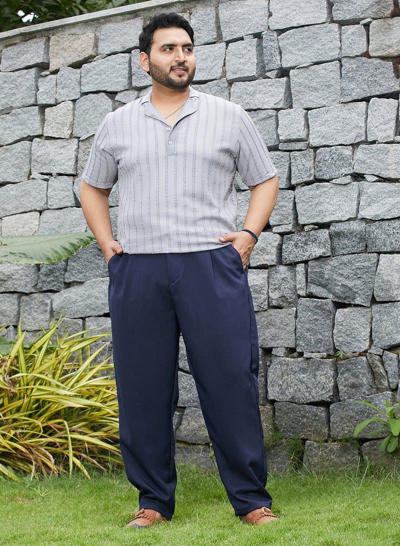 Instafab Plus Men's Prussian Blue Tailored Linen-Blend Trousers For Casual Wear | Mid-Rise | Regular Fit | Drawstring Closure | Plus Size Trousers Crafted With Comfort Fit For Everyday Wear - Image 5