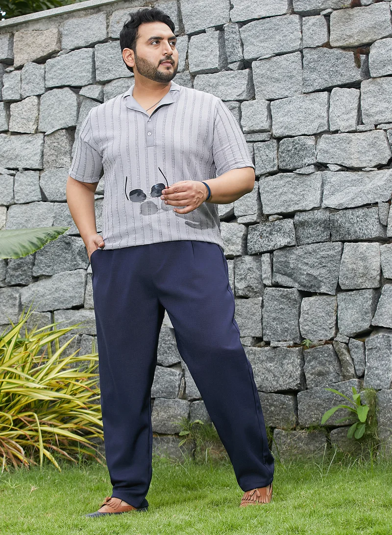 Instafab Plus  Men's Prussian Blue Tailored Linen-Blend Trousers For Casual Wear | Mid-Rise | Regular Fit | Drawstring Closure | Plus Size Trousers Crafted With Comfort Fit For Everyday Wear for Men | Best Price UAE