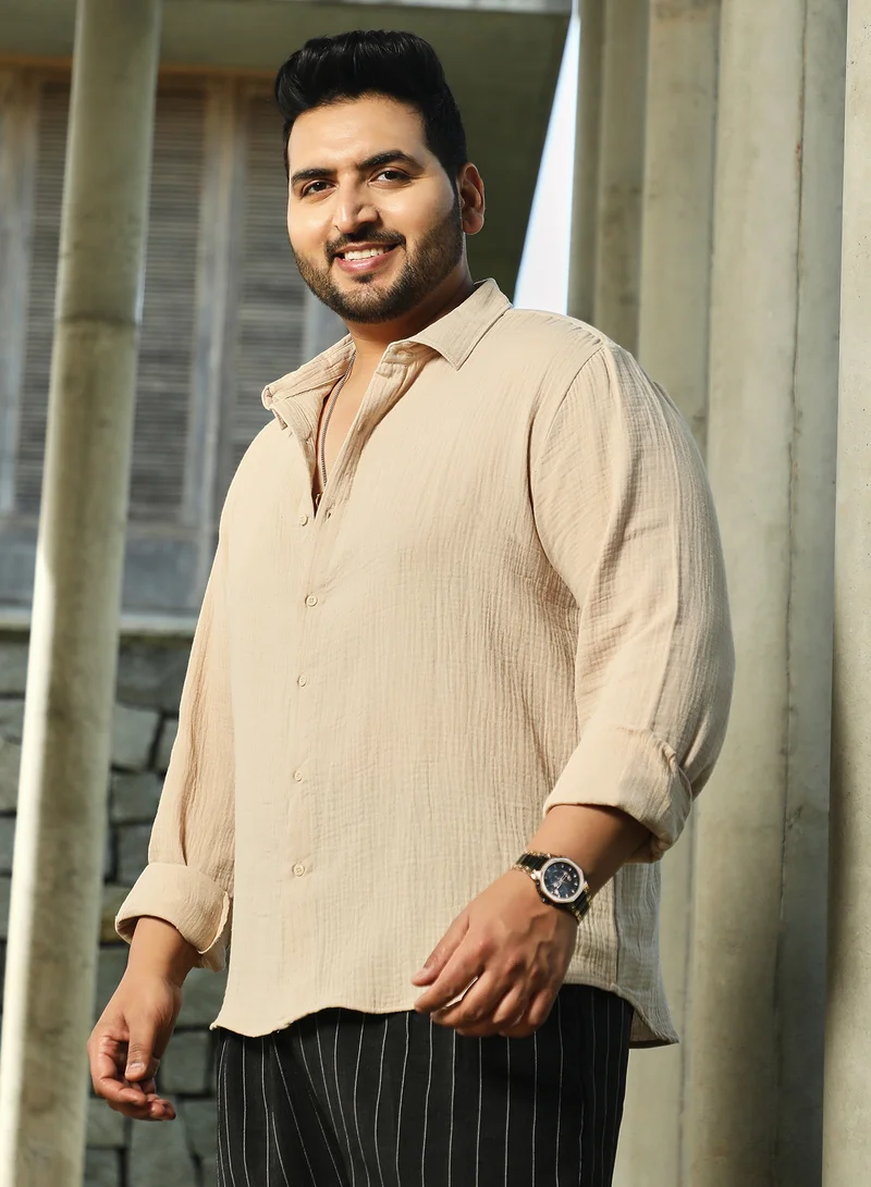 Instafab Plus  Instafab Plus Men's Off-White Breezy-Weave Shirt For Casual Wear | Spread Collar | Long Cuffed Sleeves | Button Closure | Plus Size Shirt Crafted With Comfort Fit For Everyday Wear for Men | Best Price UAE