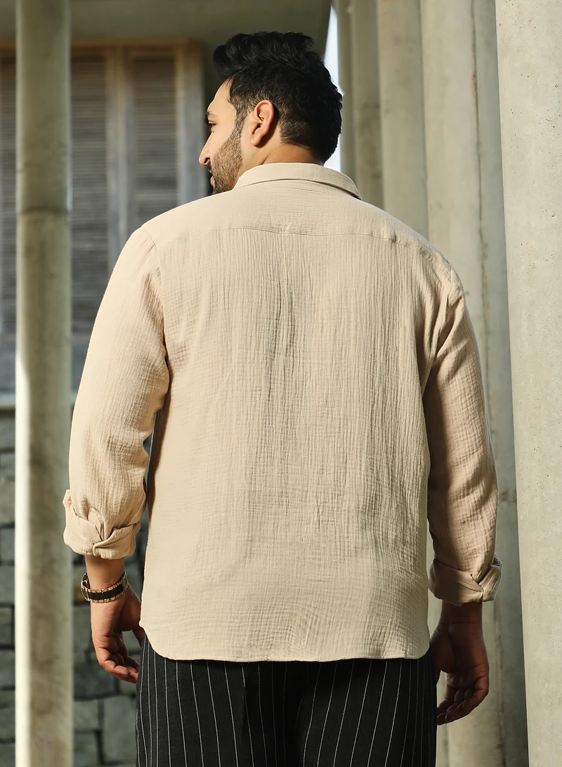 Instafab Plus  Instafab Plus Men's Off-White Breezy-Weave Shirt For Casual Wear | Spread Collar | Long Cuffed Sleeves | Button Closure | Plus Size Shirt Crafted With Comfort Fit For Everyday Wear for Men | Best Price UAE