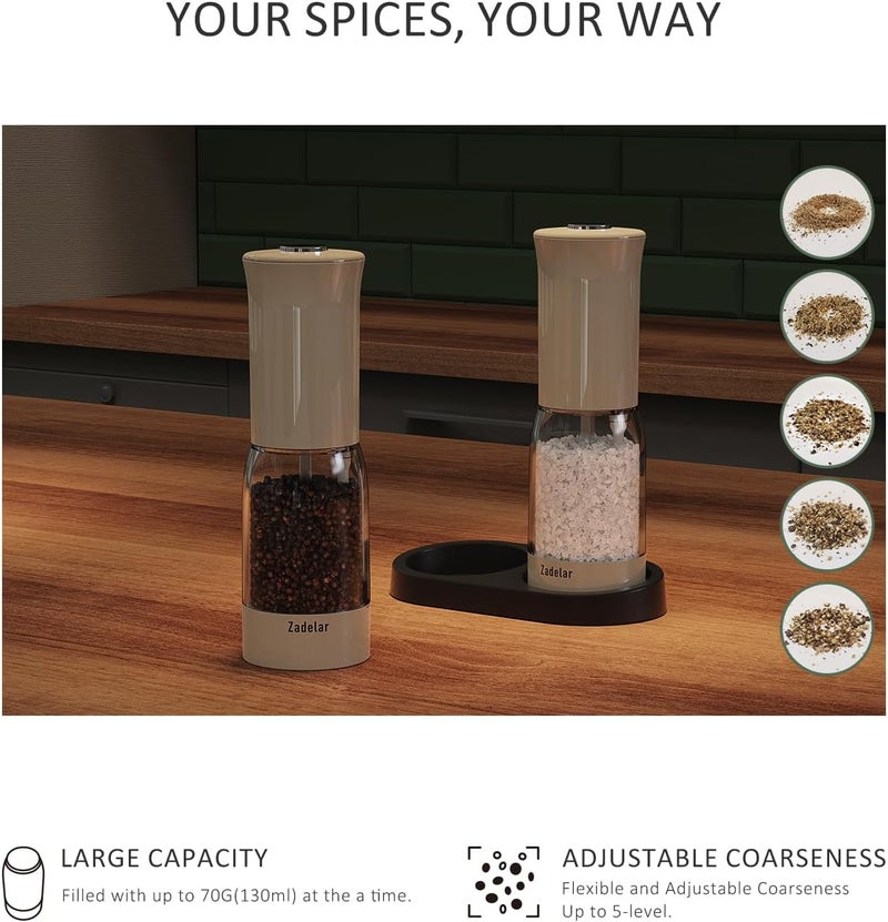 Zadelar Electric Salt and Pepper Grinder Set with LED Power Display,Larger Capacity Salt and Pepper Shakers Set Rechargeable Electric with Flexible Coarsenes,LED Light,One Hand Operation for Kitchen(Khaki) - Image 4