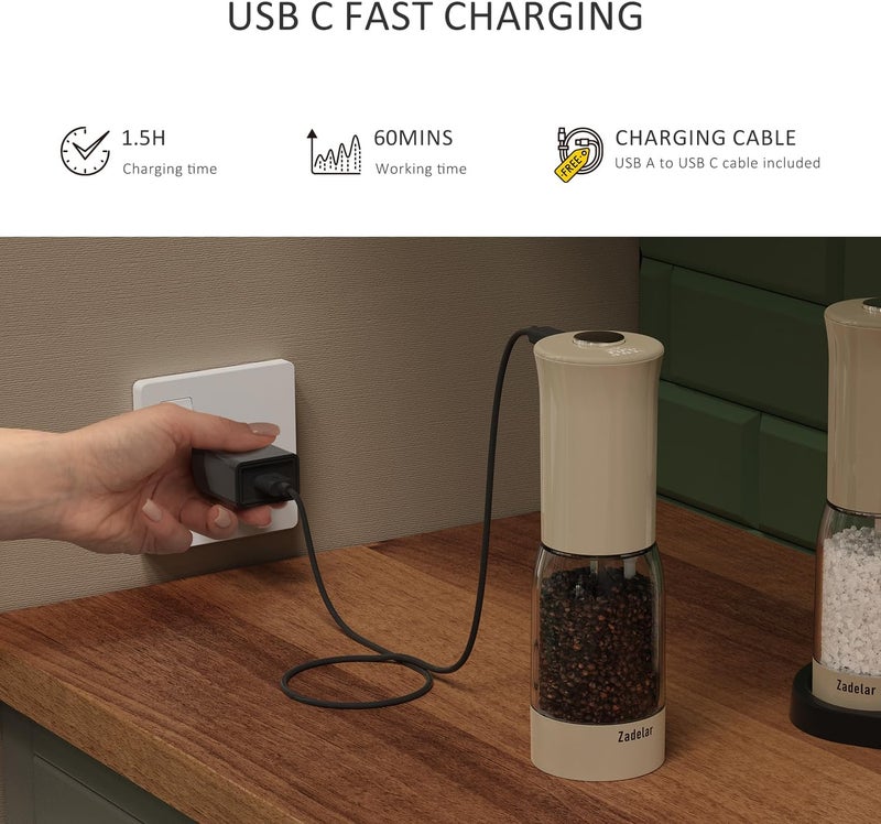 Zadelar Electric Salt and Pepper Grinder Set with LED Power Display,Larger Capacity Salt and Pepper Shakers Set Rechargeable Electric with Flexible Coarsenes,LED Light,One Hand Operation for Kitchen(Khaki) - Image 3