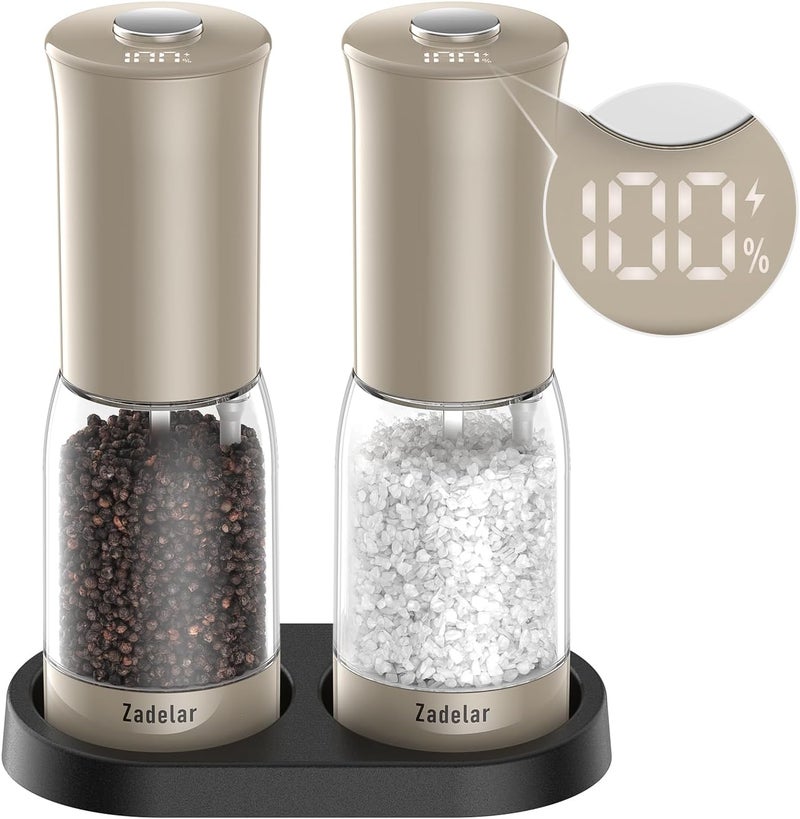 Zadelar Electric Salt and Pepper Grinder Set with LED Power Display,Larger Capacity Salt and Pepper Shakers Set Rechargeable Electric with Flexible Coarsenes,LED Light,One Hand Operation for Kitchen(Khaki) - Image 1