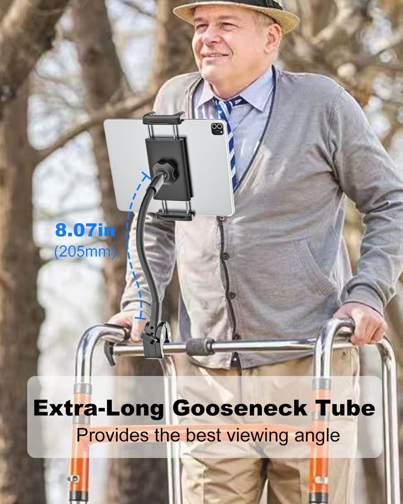 Wukanleng Walker Tablet Holder, Long Gooseneck Tablet Mount Clamp for Rollator Walker, Rolling Walker, Lightweight Walkers, Walkers for Seniors, Fit for iPad Pro Air Mini, iPhone, 4-13" Devices - Image 2