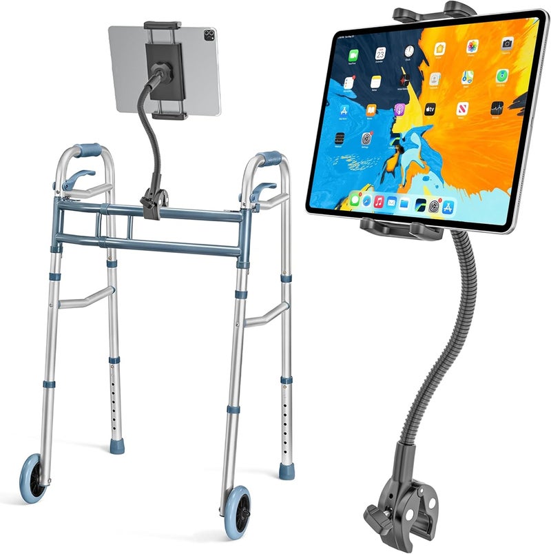 Wukanleng Walker Tablet Holder, Long Gooseneck Tablet Mount Clamp for Rollator Walker, Rolling Walker, Lightweight Walkers, Walkers for Seniors, Fit for iPad Pro Air Mini, iPhone, 4-13" Devices - Image 1