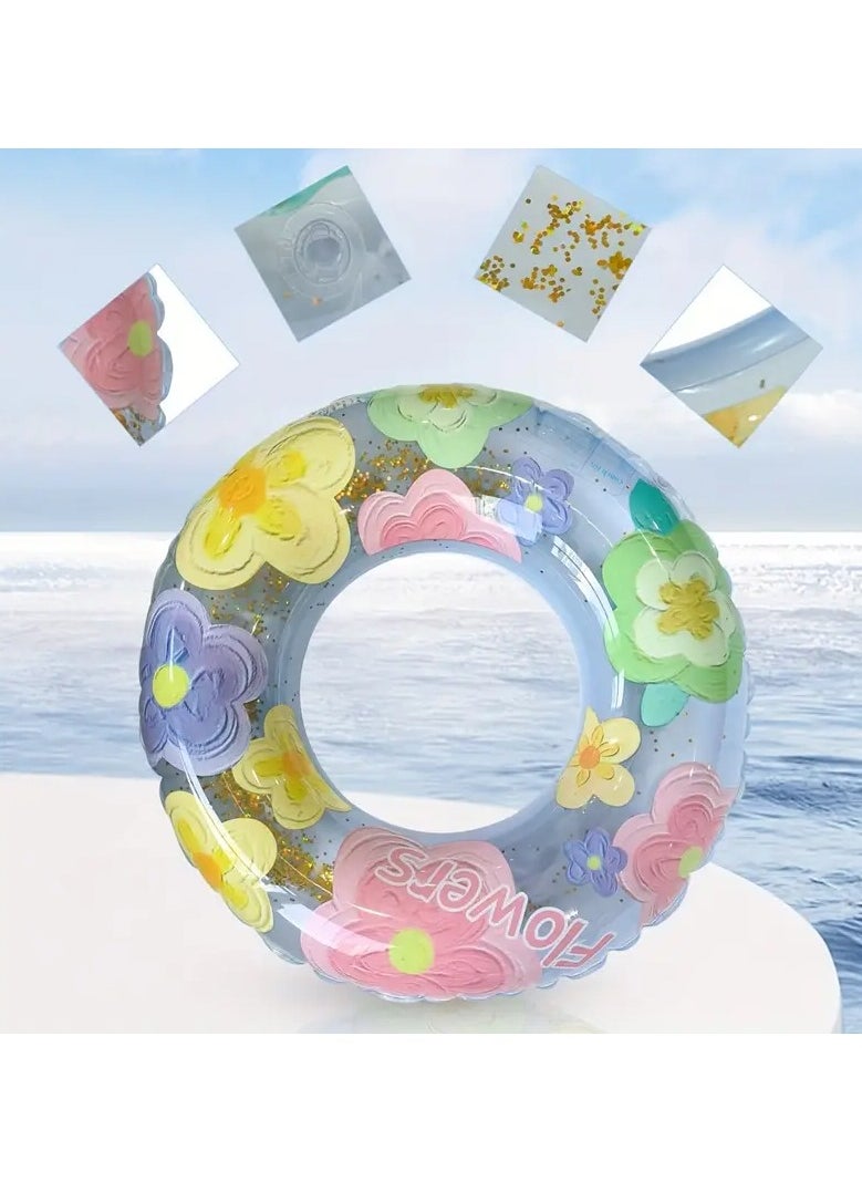 Goolsky - 1pc Flower Pattern Transparent Swimming Ring, Inflatable Water Floating Ring, Suitable For Summer Parties, Beach Fun(60#) - Image 1