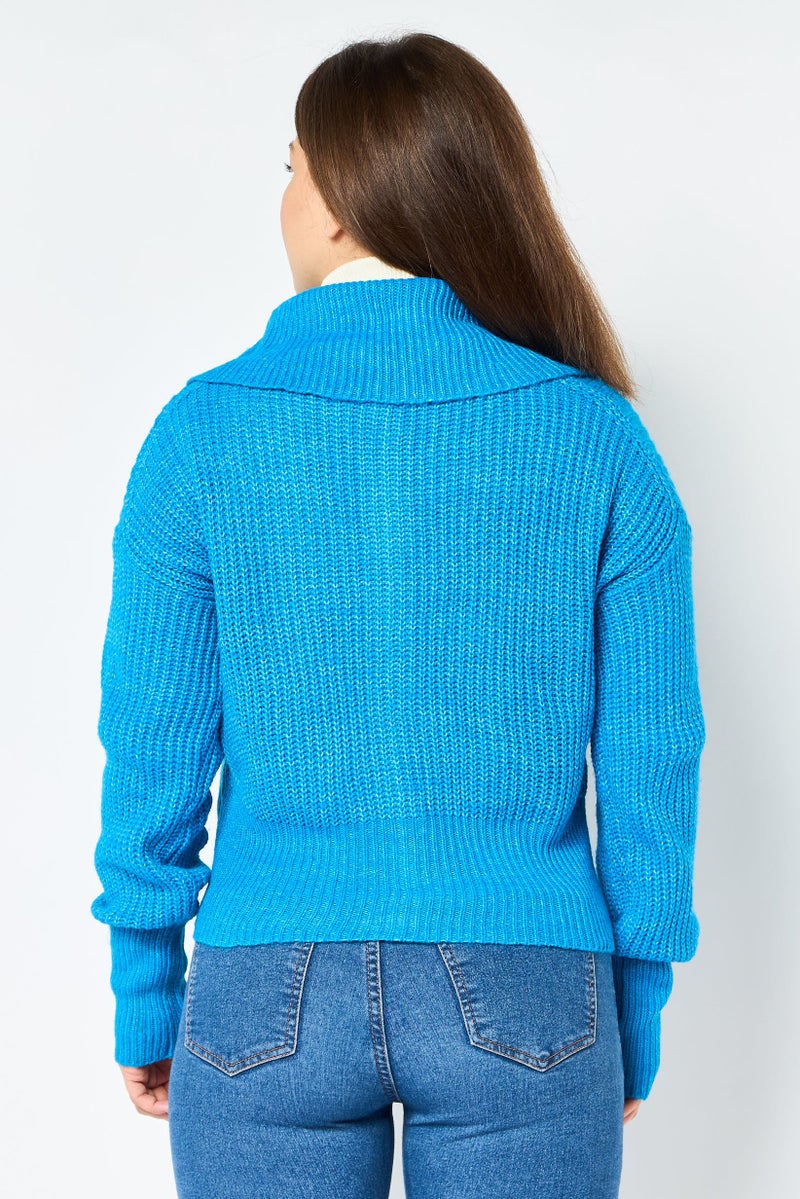 Pink Rose Women Turtle Neck Knitted Sweater, Blue - Image 3