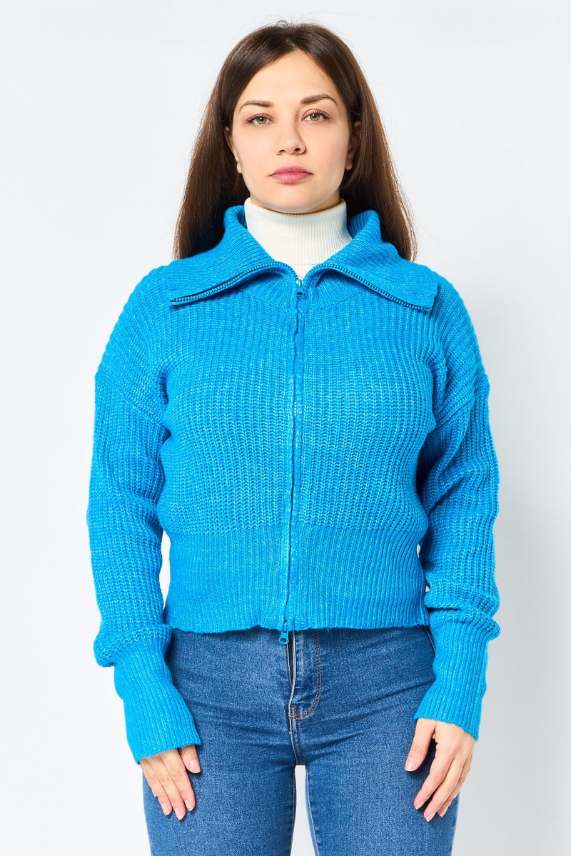 Pink Rose Women Turtle Neck Knitted Sweater, Blue - Image 1