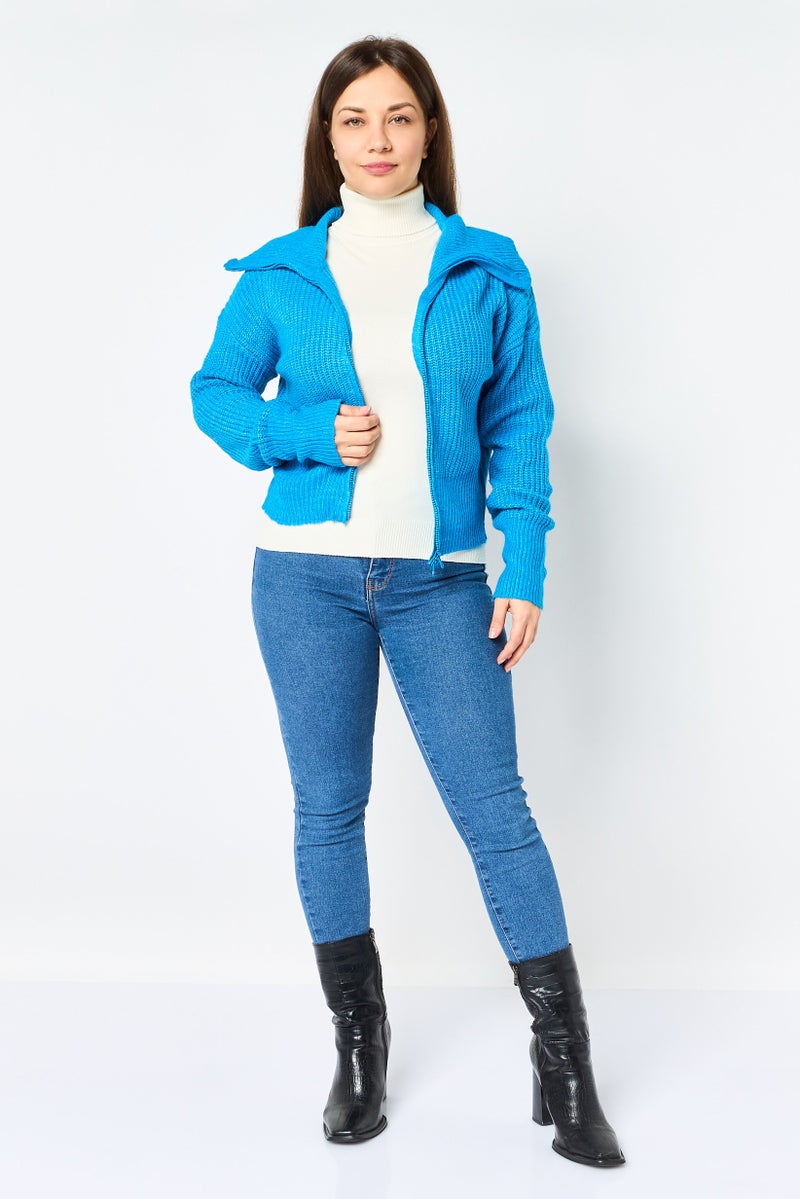 Pink Rose Women Turtle Neck Knitted Sweater, Blue - Image 2