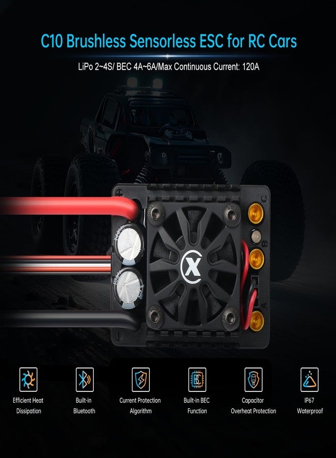 أكس سي وحدة تحكم إلكترونية للسرعة بدون مستشعر وبدون فرشاة XC C10 لسيارة RC، بطارية ليثيوم بوليمر 2-4S، تيار مستمر 120 أمبير، 4-6 أمبير، 6.0/7.4 فولت BEC، مناسبة لشاحنات 1/10 قصيرة المدى Monster على الطرق الوعرة/الوعرة (بدون موصل) - Image 3