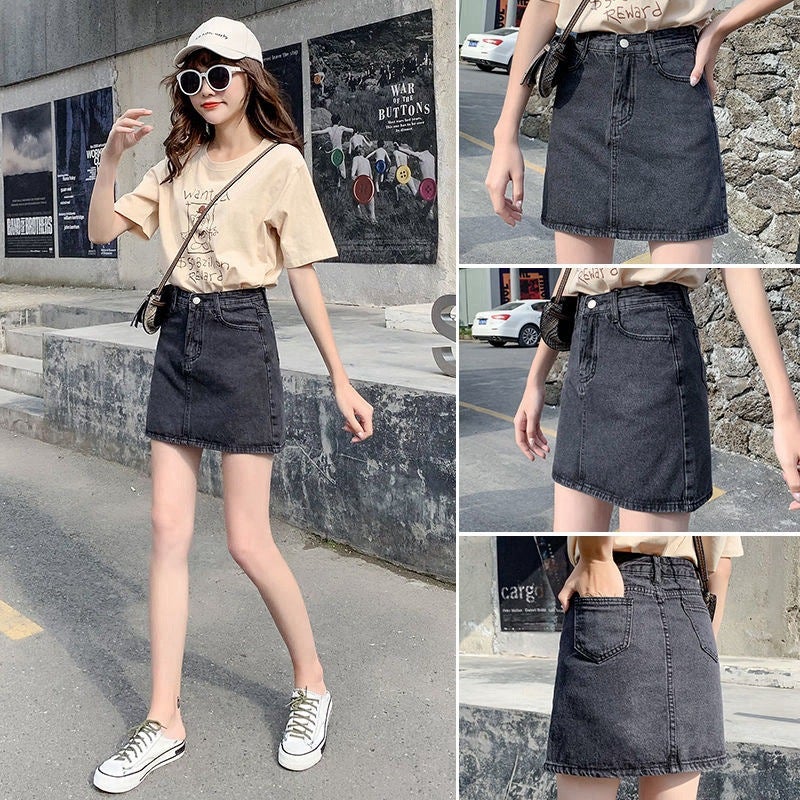 Black Grey High-Waist A-Line Denim Mini Skirt - Image 2