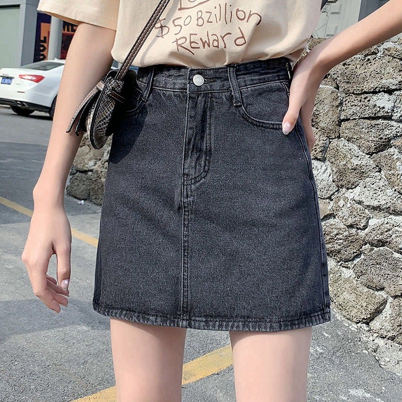 Black Grey High-Waist A-Line Denim Mini Skirt - Image 1