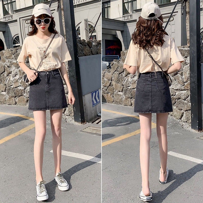 Black Grey High-Waist A-Line Denim Mini Skirt - Image 3