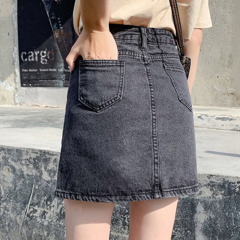 Black Grey High-Waist A-Line Denim Mini Skirt - Image 4