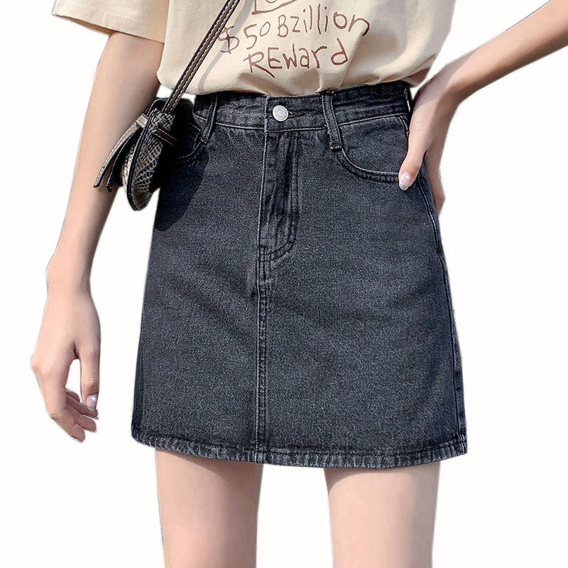 Black Grey High-Waist A-Line Denim Mini Skirt - Image 5