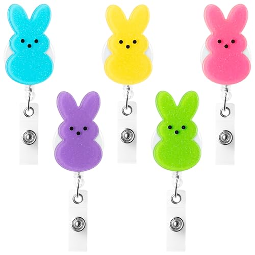 ANGOLIO Easter Bunny Badge Reels Retractable - 5Pcs Nurse Badge Holder with Alligator Clip Glitter Colorful Bunny Peeps Cute Badge Reels ID Badge Clips for Nurse Student Employee Easter Gift - Image 1