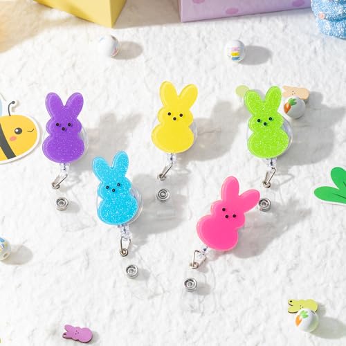 ANGOLIO Easter Bunny Badge Reels Retractable - 5Pcs Nurse Badge Holder with Alligator Clip Glitter Colorful Bunny Peeps Cute Badge Reels ID Badge Clips for Nurse Student Employee Easter Gift - Image 4
