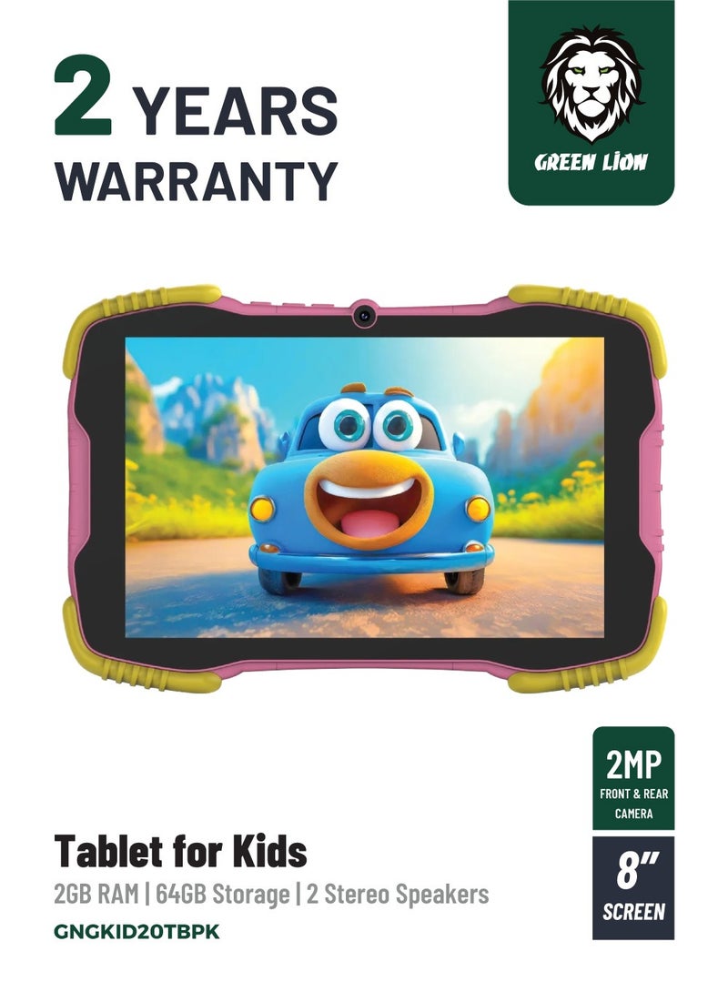 GREEN LION Tablet for Kids / 2GB Ram / 64GB Storage / 2MP Front & 2MP Rear Camera / Two Stereo Speakers / Holding Bracket / High Touch Sensitivity / Durable Tablet for Girls- Pink - Image 1