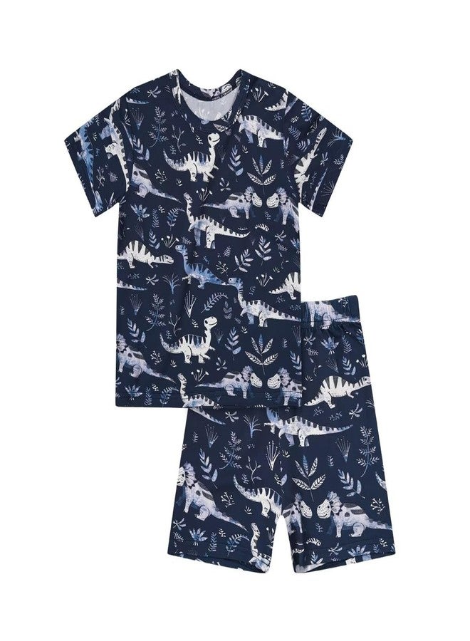Teach Leanbh Toddler Baby Boys Girls Bamboo Viscose Pajamas Set Round Neck Short Sleeve Snug Fit Sleepwear Pjs 12M-5Y (Navy Dinosaur, 18-24 Months) - Image 1
