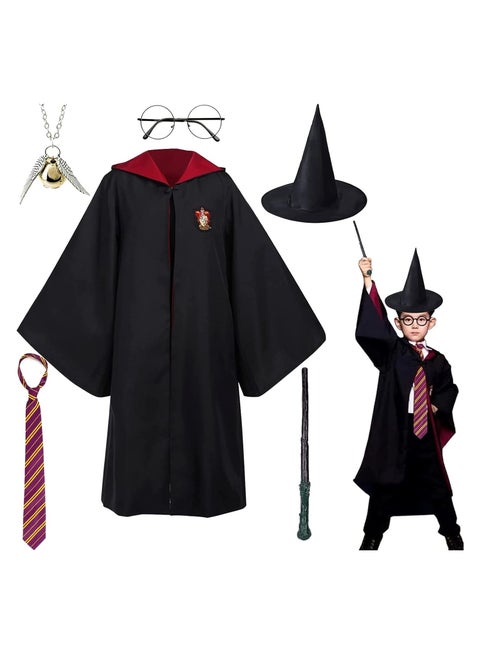 Harry Potter Robe Costume Cosplay Set,Hogwarts Wizarding World Costume Robes for Kids & Adults,Dress Up Accessory Include with Striped Tie,Glasses Frame,Wizard Hat,Magic Wand,Pendant