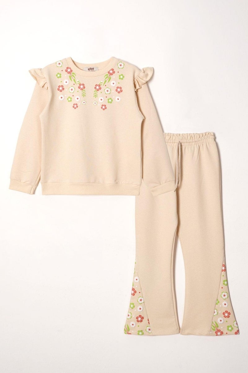 Zepkids Crew Neck Long Sleeve Flower Embroidery Printed Beige Color Girl's Two Piece Set  - Image 1