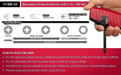 VAMPLIERS Recessed Screw Extractor, Phillips Screw Head 2 Bit Set. Made in Japan. Specially Designed to Remove Damaged/Stripped Countersunk Flathead Screws. High Torque Handle Grip. - Image 4