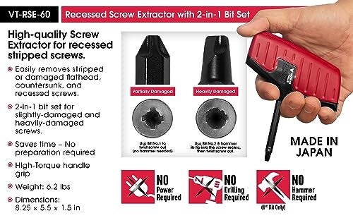 VAMPLIERS Recessed Screw Extractor, Phillips Screw Head 2 Bit Set. Made in Japan. Specially Designed to Remove Damaged/Stripped Countersunk Flathead Screws. High Torque Handle Grip. - Image 3