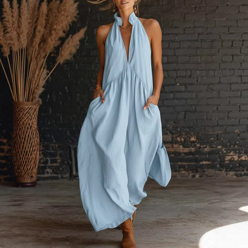 Women's Sleeveless Stand Collar Long Resort Dress - Image 3