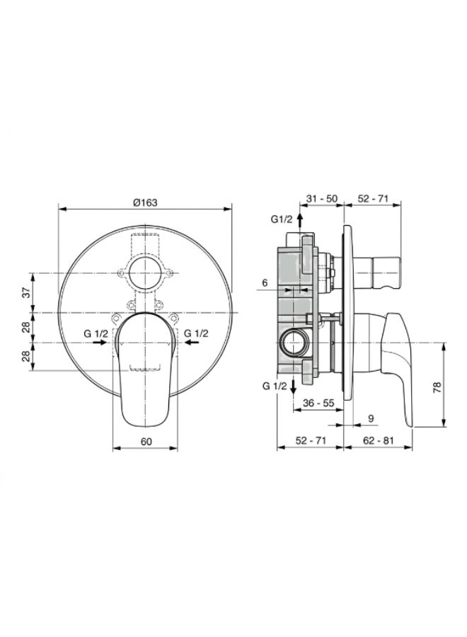 Ideal Standard Ceraflex Round Built-In Bath & Shower Mixer Kit 1+2, Brass, Chrome, 62-81 x 163 x 187.5 mm - Image 3