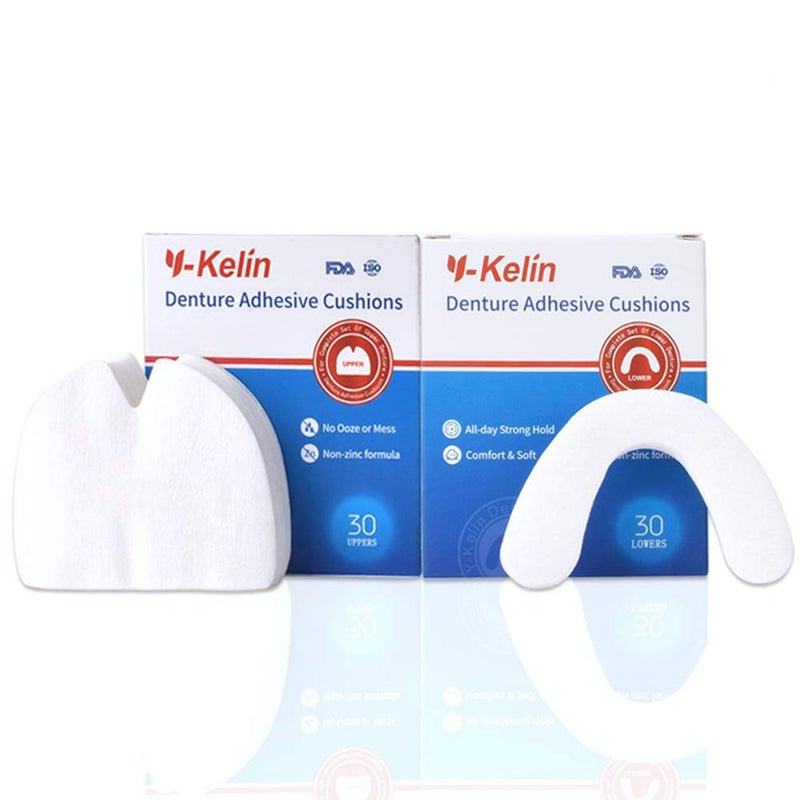 Y-Kelin Denture Adhesive Cushions Uppers & Lowers, Adhesive-Free Denture Pads for Sore Gums, 30 Pads*2 (60 Strips) - Image 1