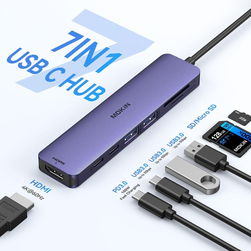 Mokin 7 in 1 USB C Hub with HDMI, SD/TF Card Reader, USB 3.0, 100W PD Compatible for MacBook Pro/Air, Dell XPS, Lenovo Thinkpad - Image 2