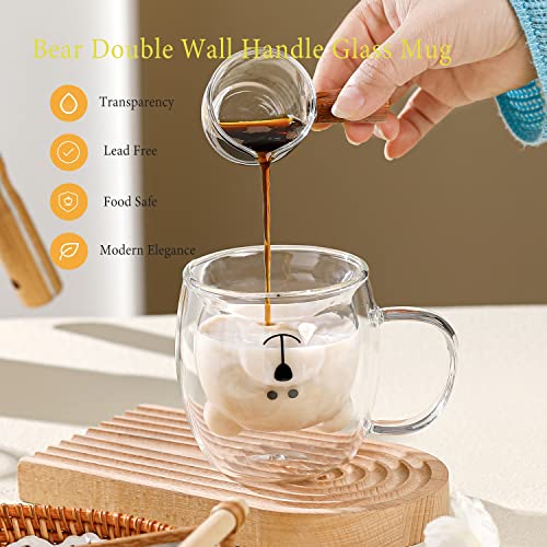 Binoster Bear Cute Mugs Kawaii Double Wall Glass Coffee Tea Mill Yogurt Cup Funny Novelty Gift for Women Her Friends Office Birthday Christmas (Bear with handle) - Image 3