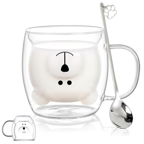 Binoster Bear Cute Mugs Kawaii Double Wall Glass Coffee Tea Mill Yogurt Cup Funny Novelty Gift for Women Her Friends Office Birthday Christmas (Bear with handle) - Image 1