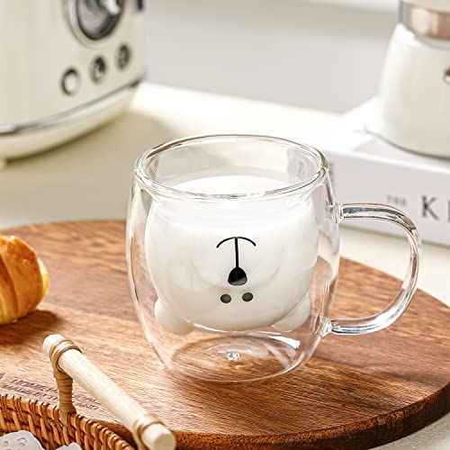 Binoster Bear Cute Mugs Kawaii Double Wall Glass Coffee Tea Mill Yogurt Cup Funny Novelty Gift for Women Her Friends Office Birthday Christmas (Bear with handle) - Image 4