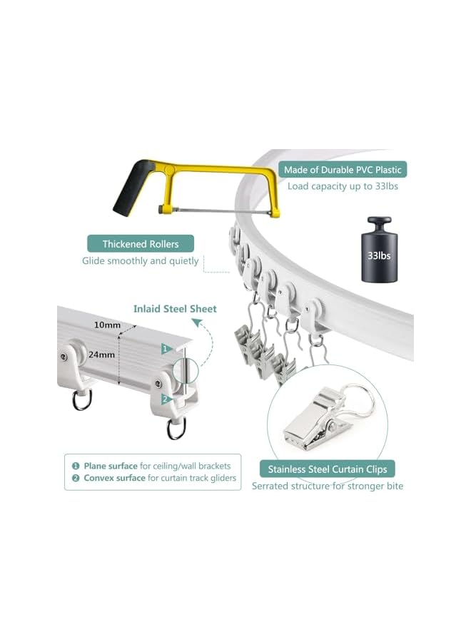 The Bros سكة ستائر قابلة للانحناء، قضيب ستائر مرن للسقف، لنوافذ باي 3م سكة ستائر سقف مرنة منحنية مثبتة على الحائط سكة ستائر بلاستيكية ثقيلة، مجموعة مشابك فولاذية بيضاء - Image 4